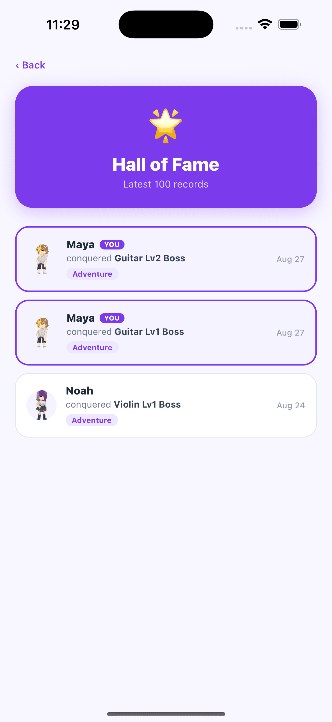 Questalina app — Hall of Fame screen