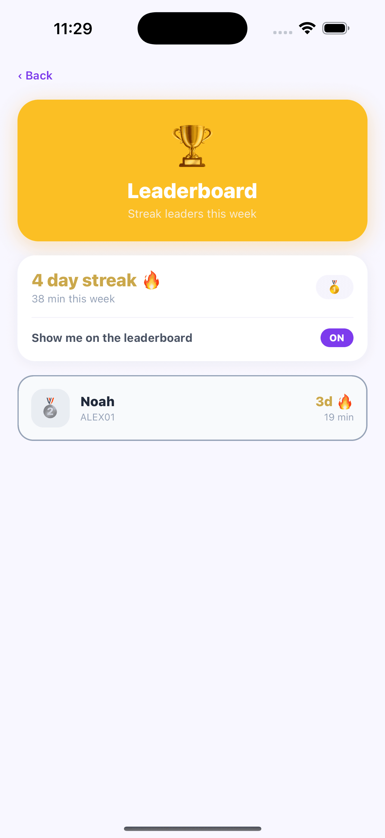 Questalina app — Leaderboard screen
