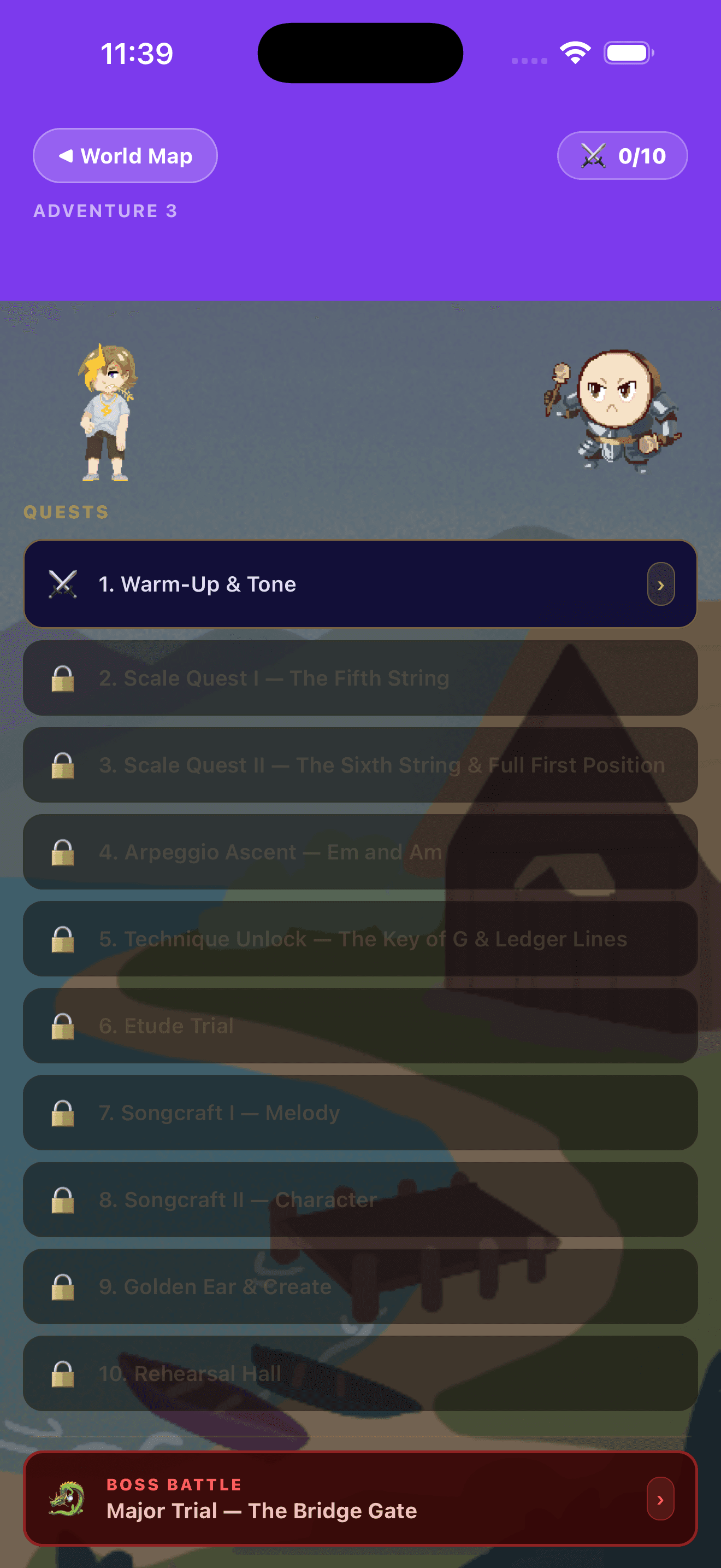 Questalina app — Level Battle screen