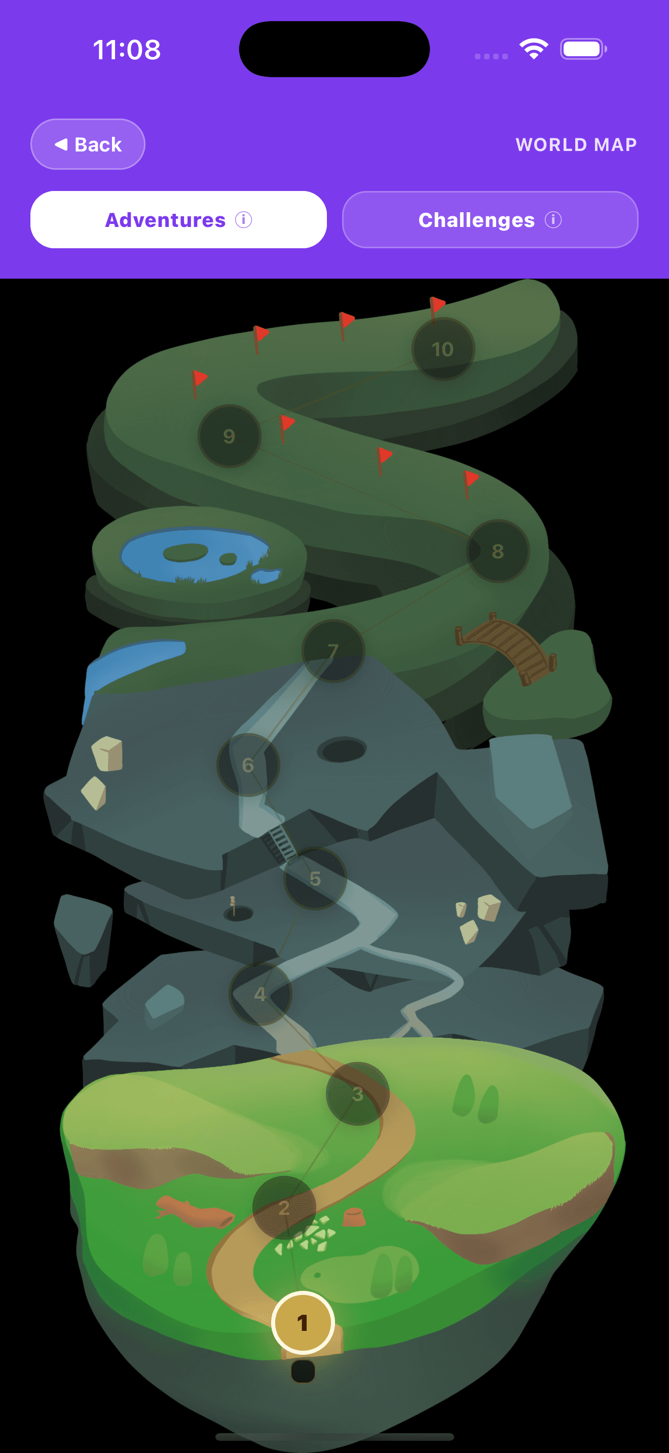 Questalina app — World Map screen